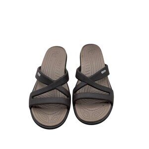 Crocs Size 10 Womens Brown & Beige Slip-On Wedge Sandals Criss-Cross Straps